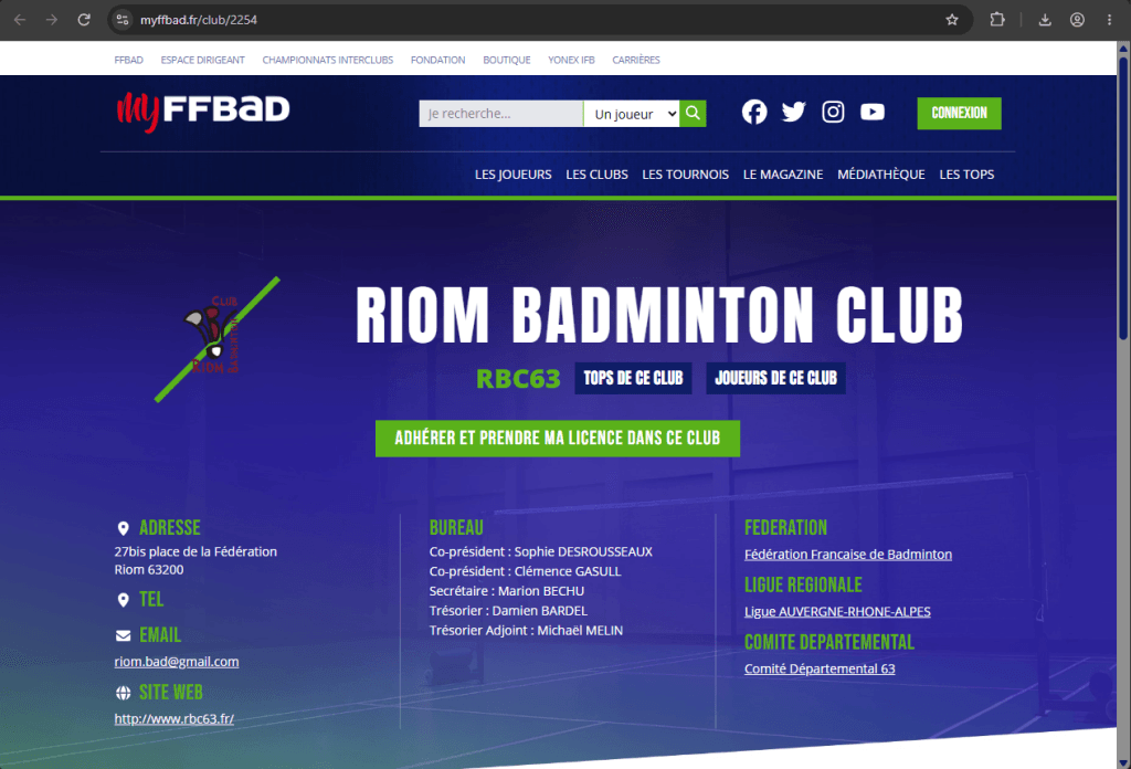 Page du club