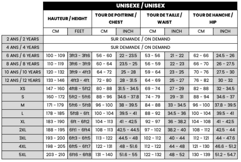 guide des tailles — unisexe